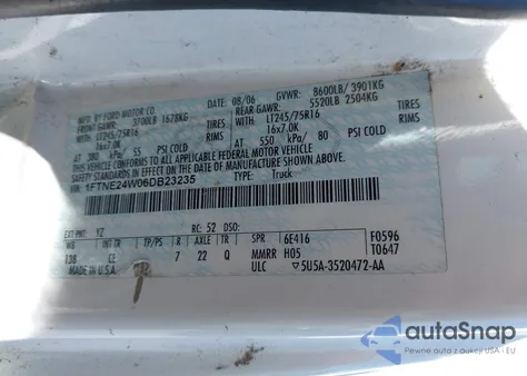 2006 Ford E-250 Commercial/Recreational z USA, uszkodzony, nr VIN 1FTNE24W06DB23235